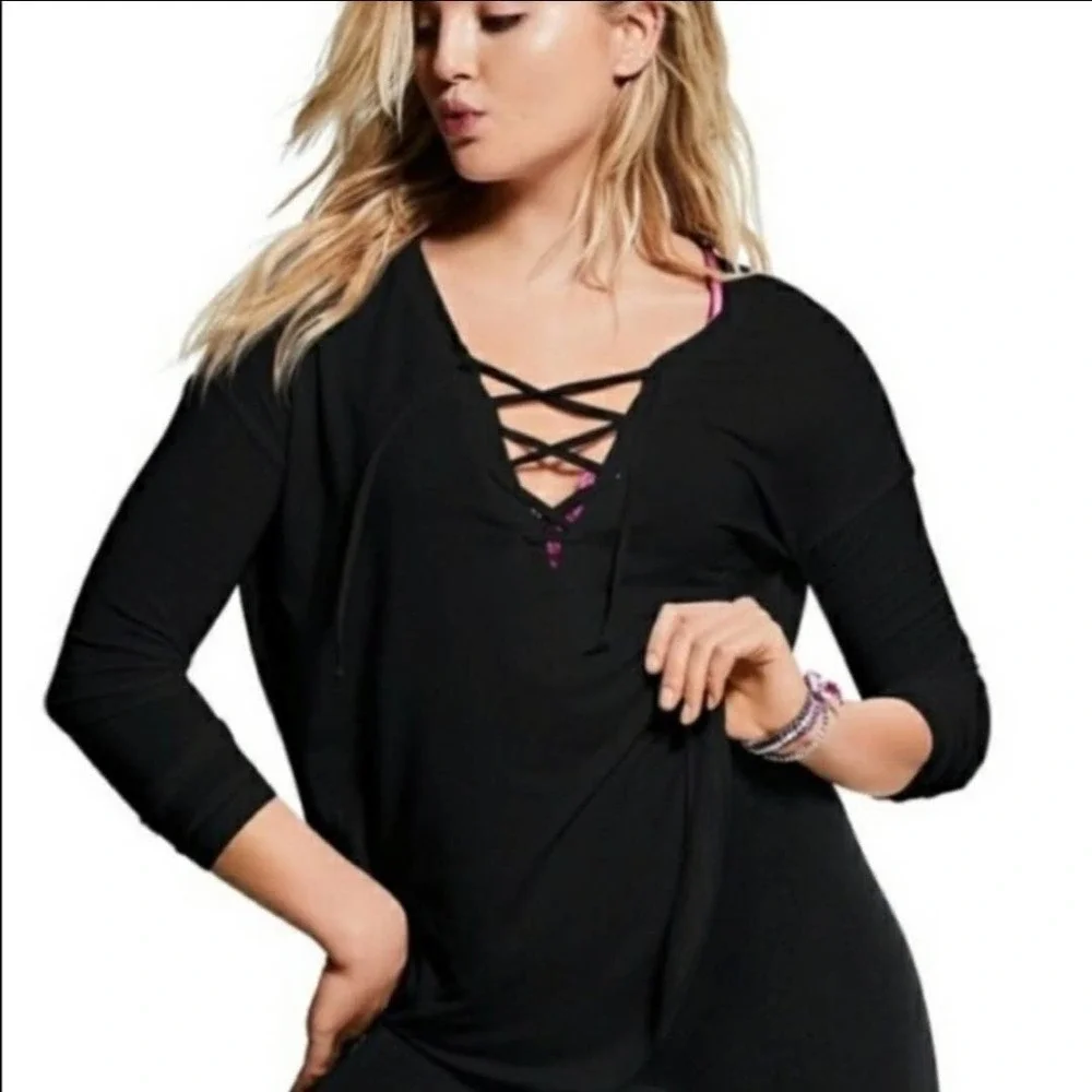 PINK Super Soft Tie Front Long Sleeve Tee Black S